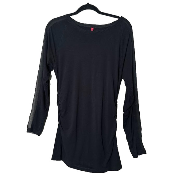 Ruby Ribbon Top Large Black Viscose Stretch Jersey Long Sleeve Ruched Mesh Basic - Picture 1 of 10